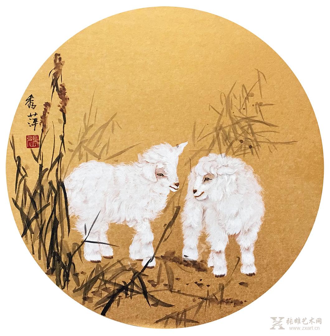 《羊》 动物工笔画 团扇_官方商城_张雄艺术网