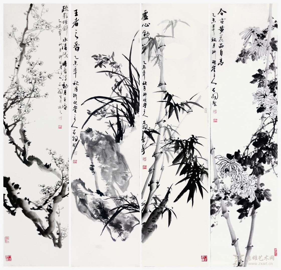 中国书画 国画 花鸟画 > 梅兰竹菊四条屏 写意花鸟   •商品描述